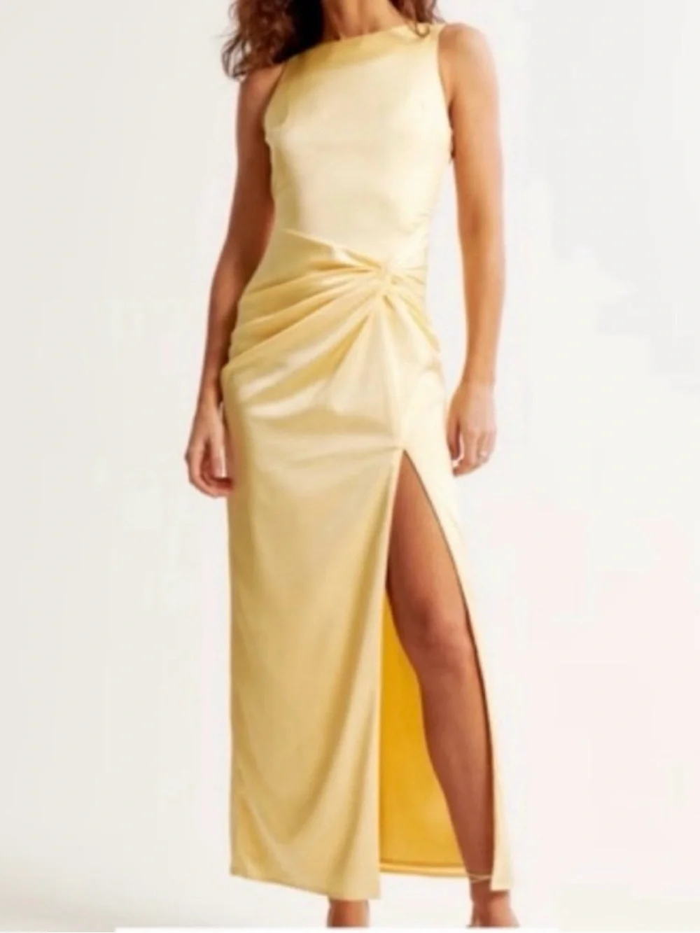 Abercrombie & Fitch Pale Yellow Satin Twist-Side Maxi Dress